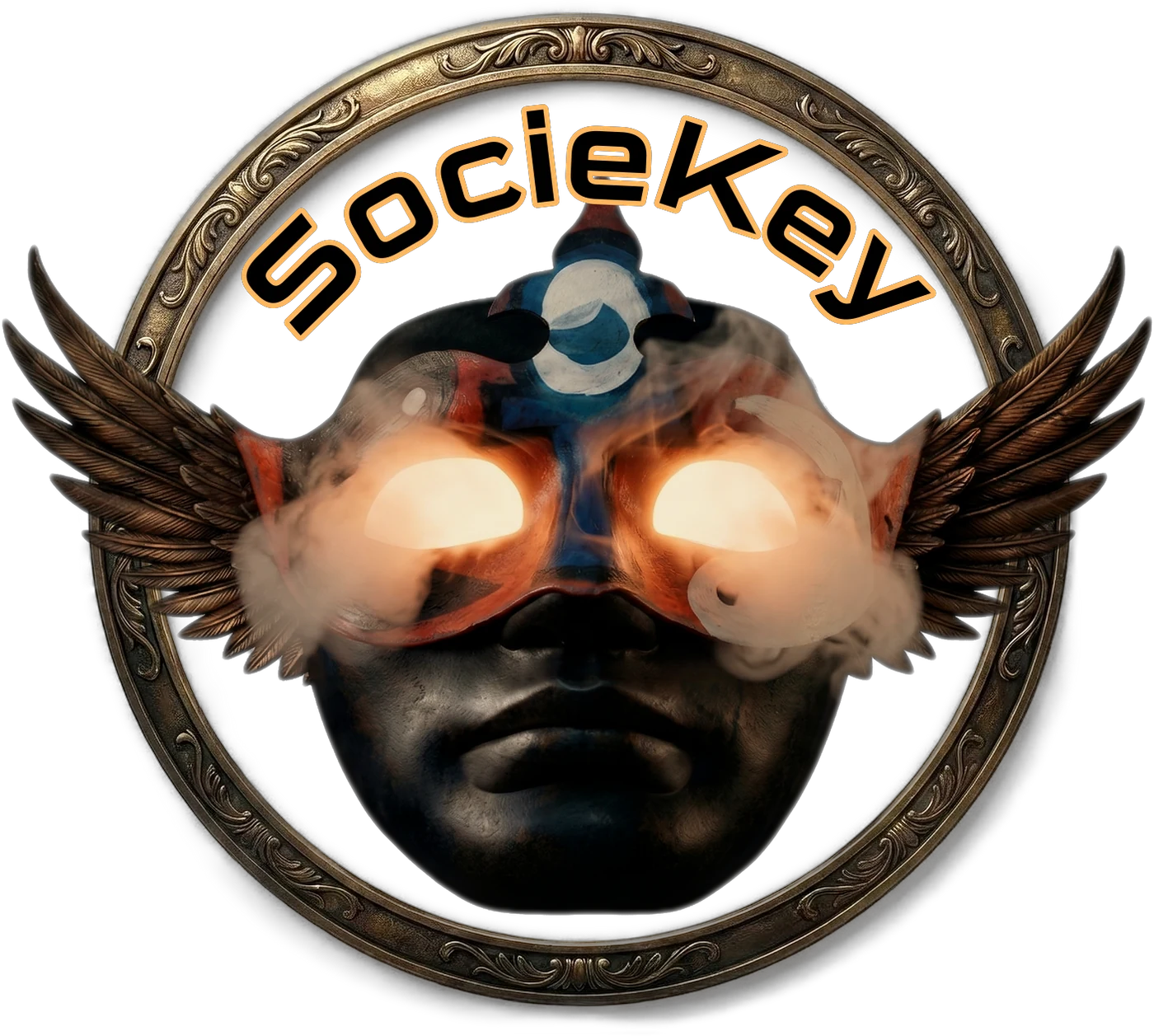 Die SocieKey-Maske mit glühenden Augen im geflügelten Bronzering