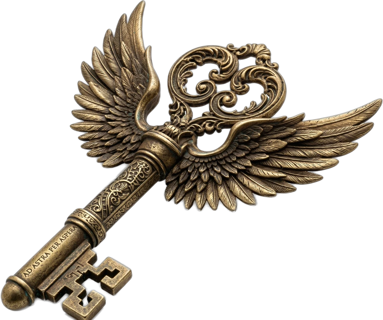 Geflügelter Bronzeschlüssel mit der Gravur ‚Ad astra per aspera'